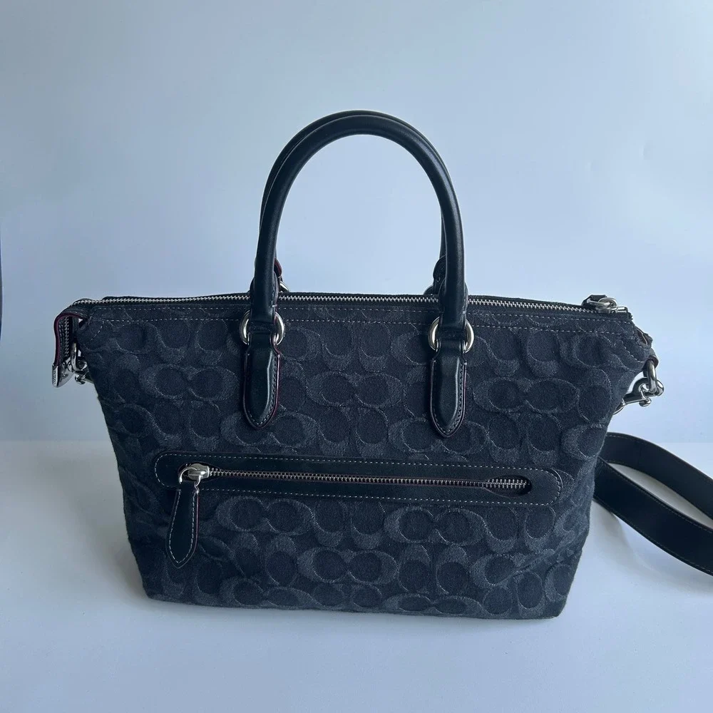 Coach Cara Satchel Black Signature Denim Crossbody Bag CE743